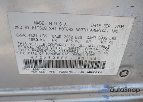 2006 Mitsubishi Galant De z USA, uszkodzony, nr VIN 4A3AB26F66E021403